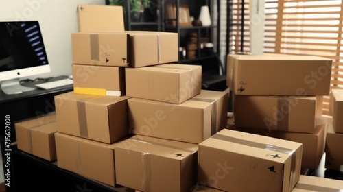Parcels in cardboard boxes from online stores at the post office. Express delivery with modern accounting and distribution facilities. Optimization storage systems for efficient product accounting. photo
