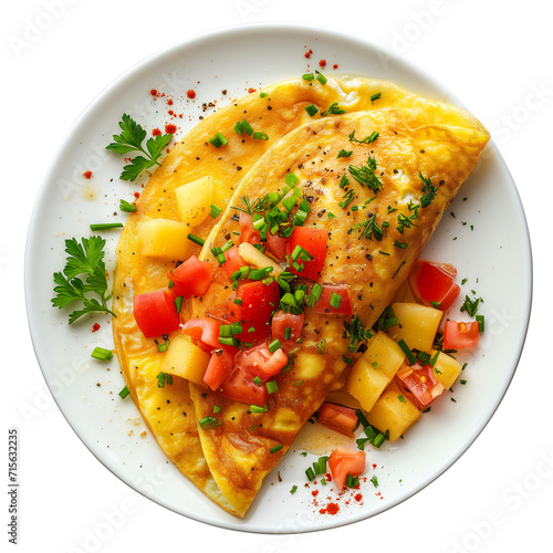 breakfast omelette on a plate top view isolated on transparent  photo