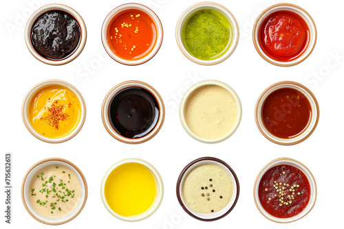 Different sauces set collection in bowls top view isolated on transparent  photo