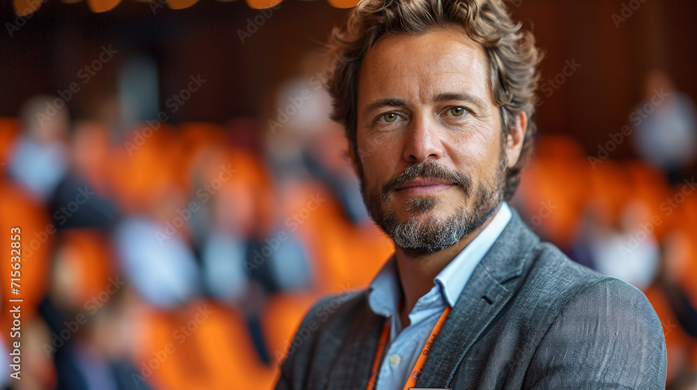 Fototapeta premium Speaker at a dynamic business convention, delivering an engaging presentation. Photography capturing professionalism and the energy of the corporate environment.