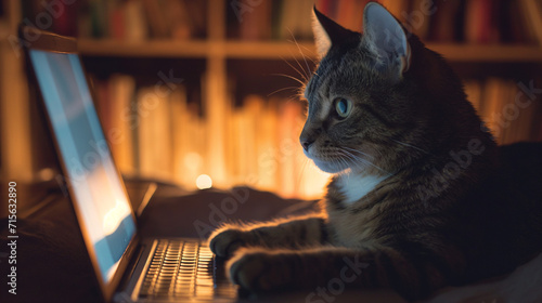 Smart cat sitting in front of a laptop pretending to work. Intently staring at the screen