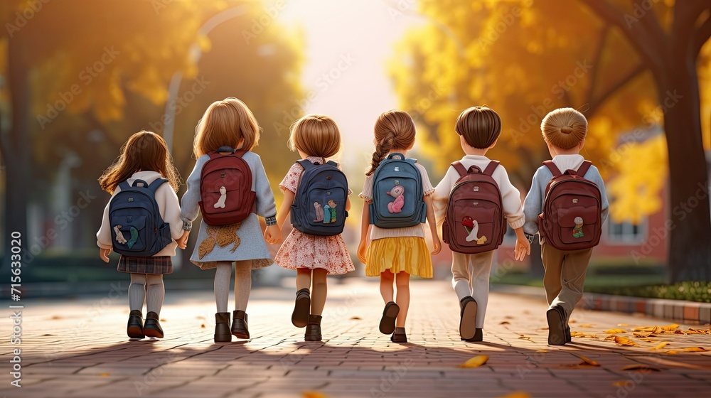 Back to School. Group of Kids going to School, Walking Together on Road
