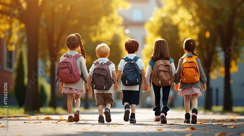 Back to School. Group of Kids going to School, Walking Together on Road with Blur Background, First Day of School