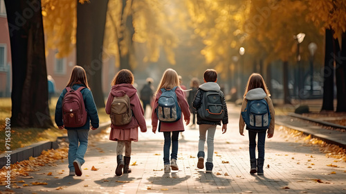 Back to School. Group of Kids going to School, Walking Together on Road with Blur Background, First Day of School