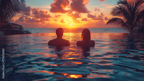 Sunset Serenity: Young Couple Relaxing by Tropical Resort Pool, Embracing the Tranquil Beauty of a Summer Vacation Evening