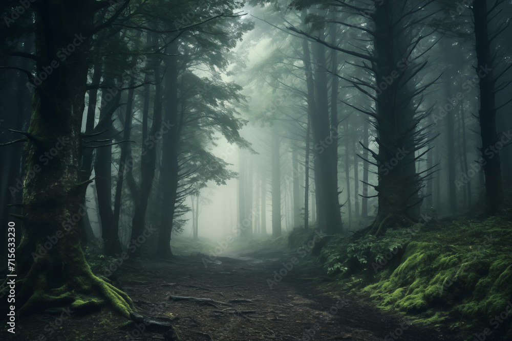 Gloomy and dark foggy forest, landscape