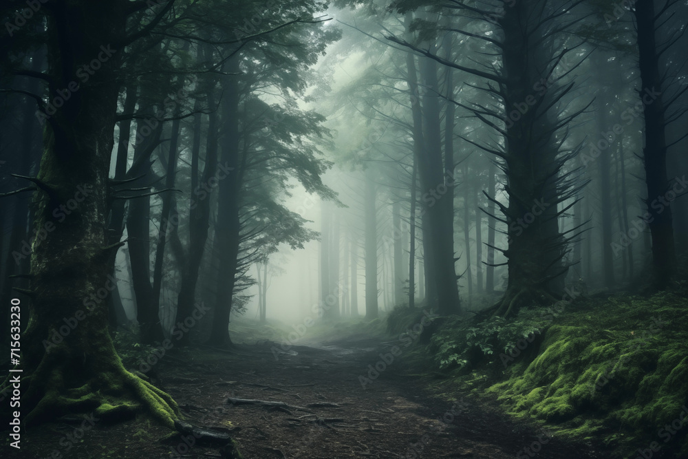 Obraz premium Gloomy and dark foggy forest, landscape
