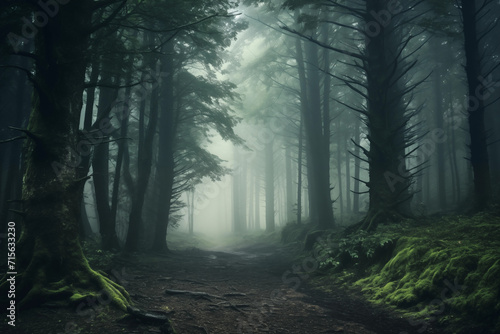 Gloomy and dark foggy forest  landscape