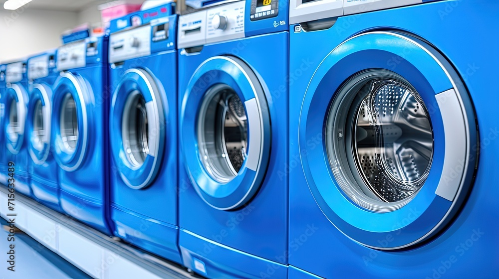A vibrant scene unfolds in this laundromat, as a row of washing machines buzz with activity, eagerly waiting to cleanse clothes and restore their original brilliance A vibrant scene unfolds in this laundromat, as a row of washing machines buzz with activity, eagerly waiting to cleanse clothes and restore their original brilliance