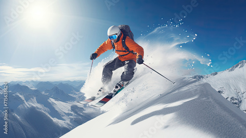 Winter Sports, Professional Skier Jumping on White Snow, Snowboarding Downhill Slope in Mountain Landscape © RBGallery
