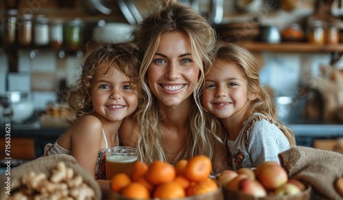 Girls and their mother making fresh fruit juice. 