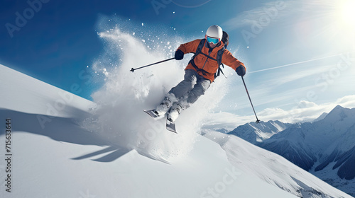Winter Sports, Professional Skier Jumping on White Snow, Snowboarding Downhill Slope in Mountain Landscape
