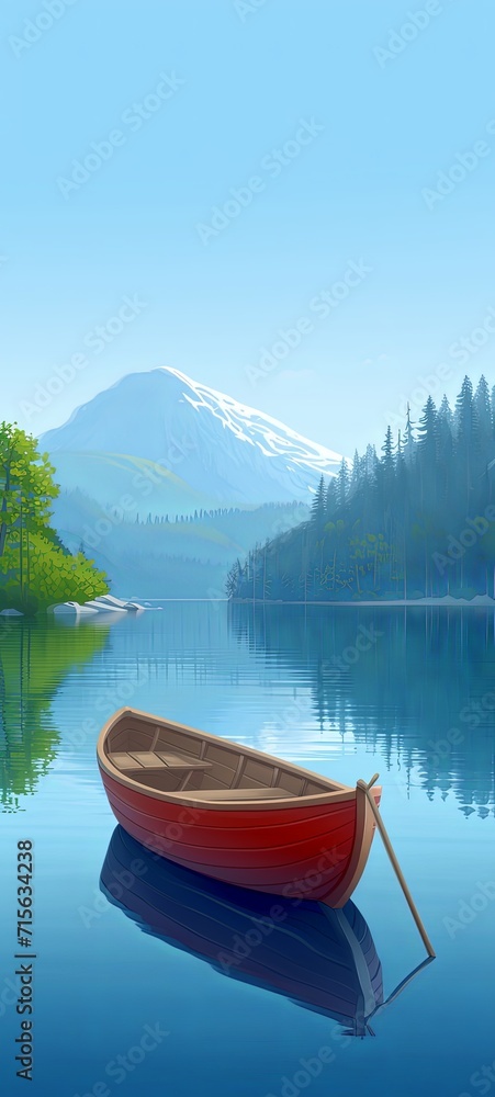 Beautiful landscape of a red boat on a lake against the backdrop of mountains.  AI generated.