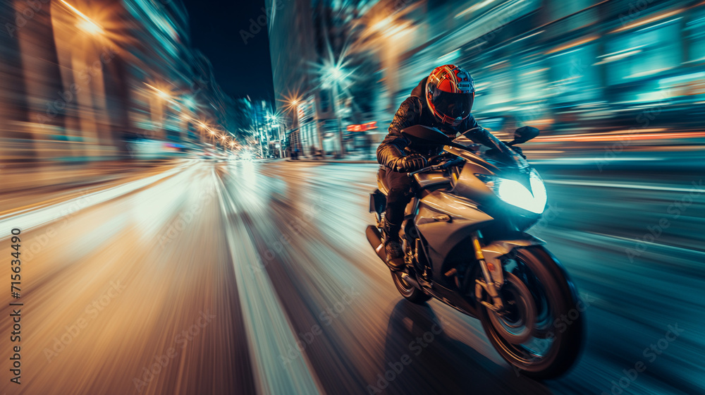 Rider on a sport motorcycle speeding on an urban road. Cityscape passing by in a blur. Evening lights. The rush and exhilaration of city riding