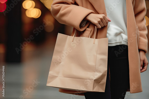 Female Customer Woman Holding Paper Shopping Bag, Copy Space Mockup for Black Friday Poster