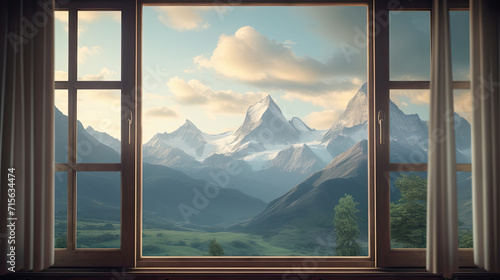 Home Interior Open Window with a View of a Mountain Range Outside
