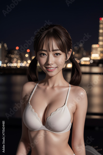 夜景をバックにブラ姿の日本人美人モデル photo