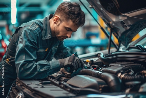 man fixing a car in auto service