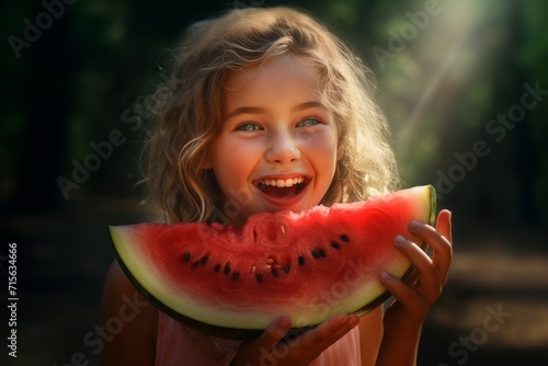 Happy girl eating watermelon. Summertime