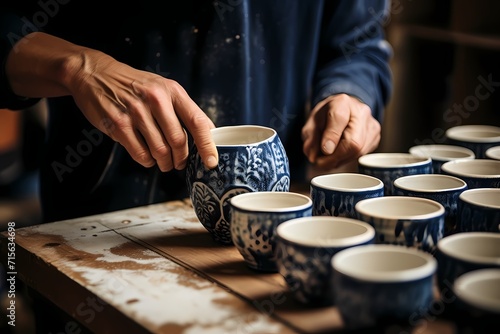 A pair of hands carefully arranging a collection of handmade ceramic mugs.