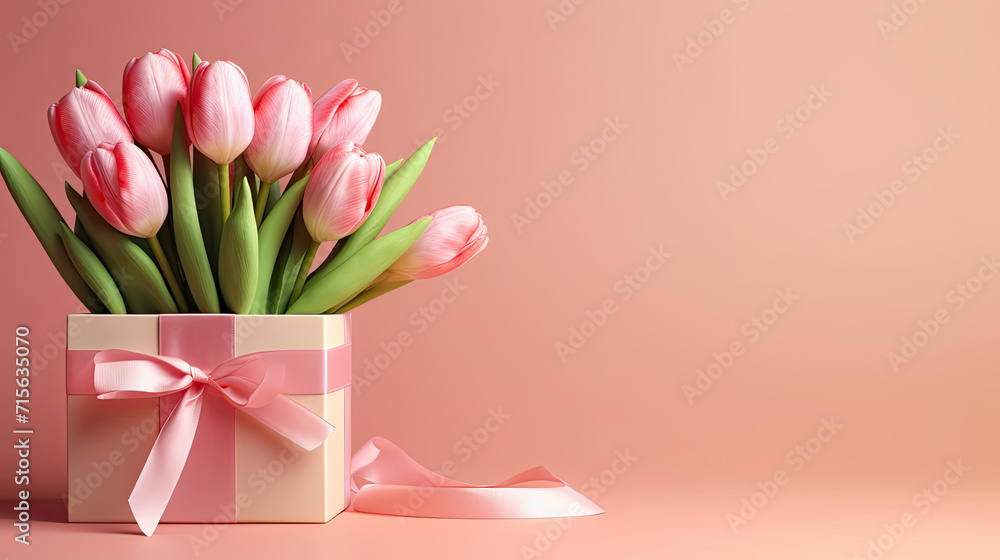 Pink Tulip Bouquet Flowers and Surprise Gift Box on a Pink Background