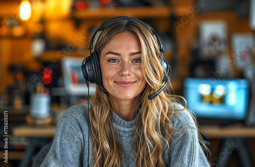 Friendly podcaster in headset gives a welcoming smile, set against the inviting backdrop of her studio.