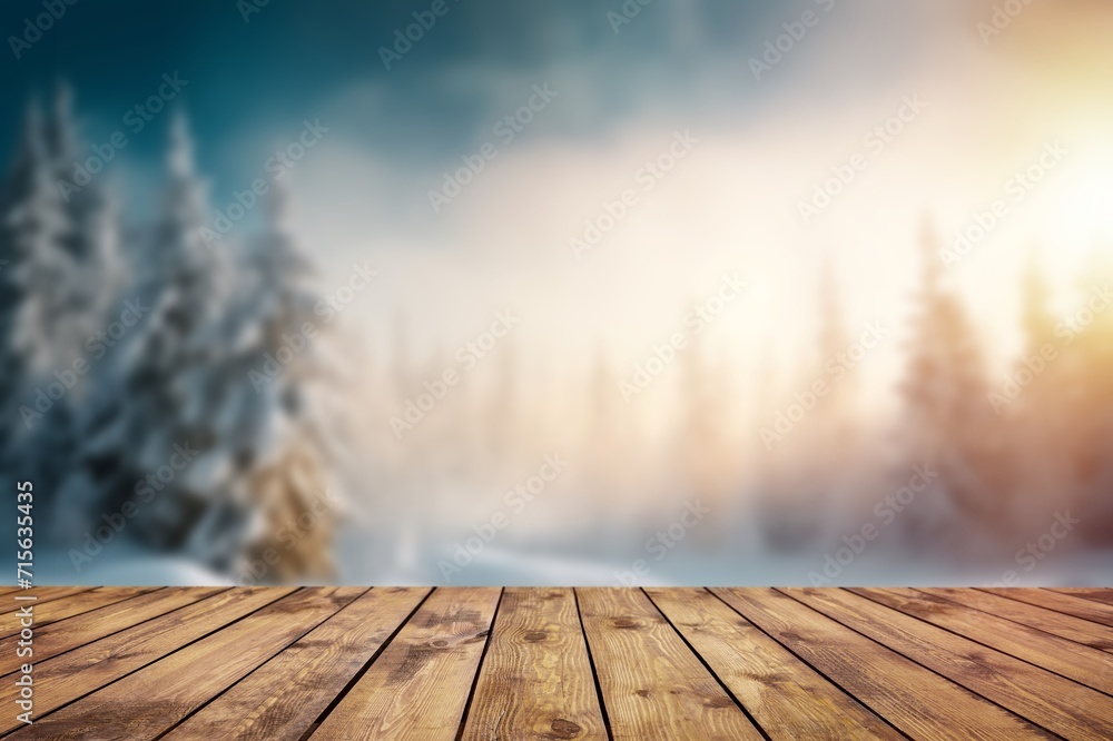 The empty wooden table top with background of winter forest The empty wooden table top with background of winter forest