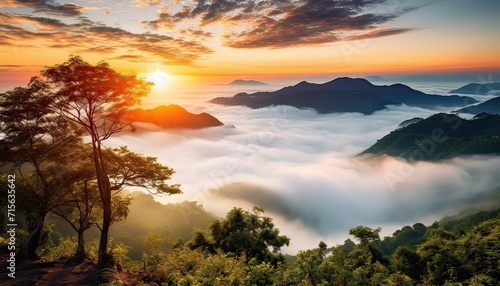 View of the sea of clouds from the top of the mountain peak. Tropical rainforest with vibrant morning reflection of the sunrise.