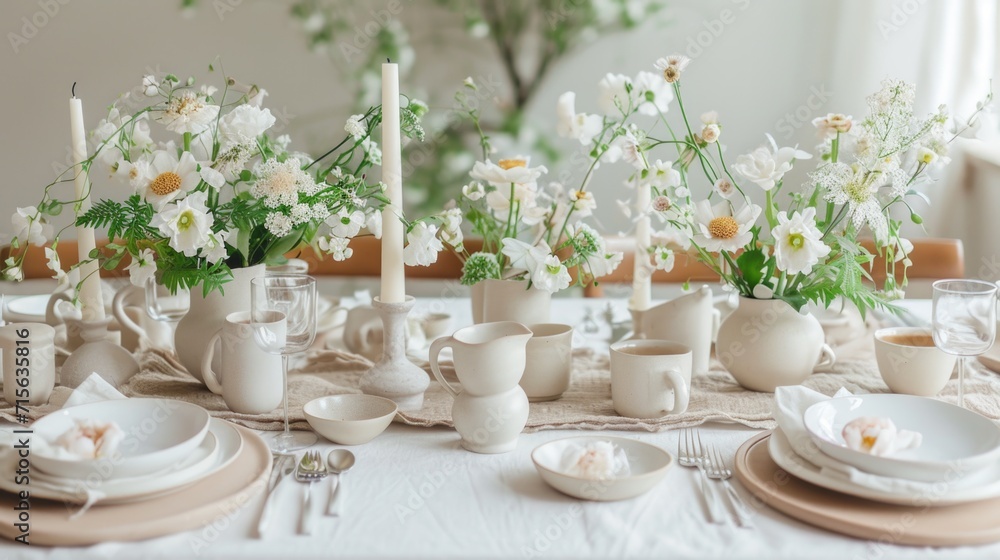 A table set for a formal dinner with flowers in vases