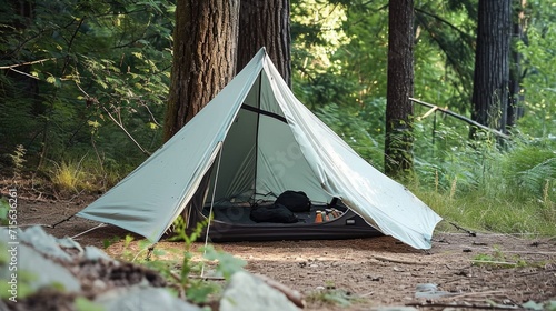 A tent is pitched up in the woods