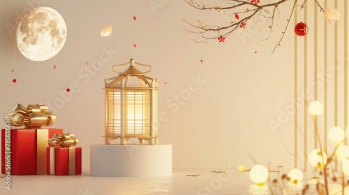 ramadan kareem banner background with golden lantern and gift box, 3d moon ramadan background