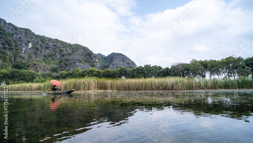 Traditional Vietnamese boat gracefully navigates the tranquil river, surrounded by lush, vibrant nature.