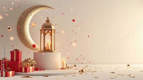ramadan kareem banner background with golden lantern and gift box, 3d moon ramadan background