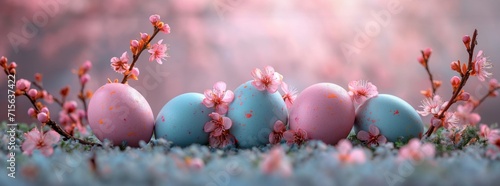 Soft pastel-colored Easter eggs with spring blossom flowers on background. Colored Easter Eggs with space for text. Digital holiday art for poster, flier, banner background or design element.