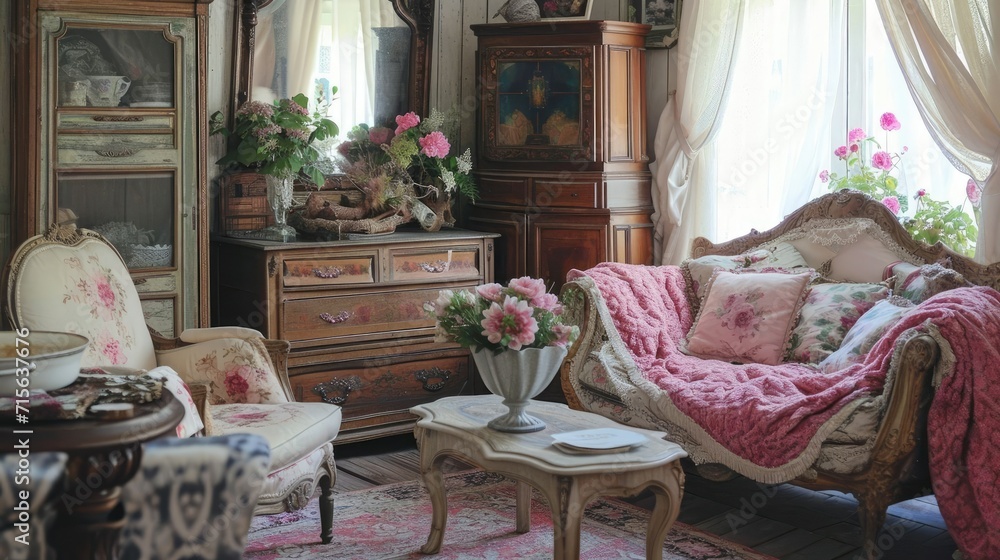 Cozy Vintage Living Room - Rustic Charm with Antique Furniture and Soft Floral Accents