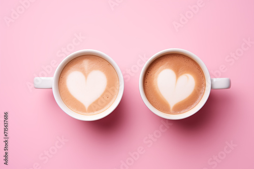 Two cups of coffee with heart shape foam latte art on pink background. Valentine's day or coffee lover concept. Top view. Generative ai. photo