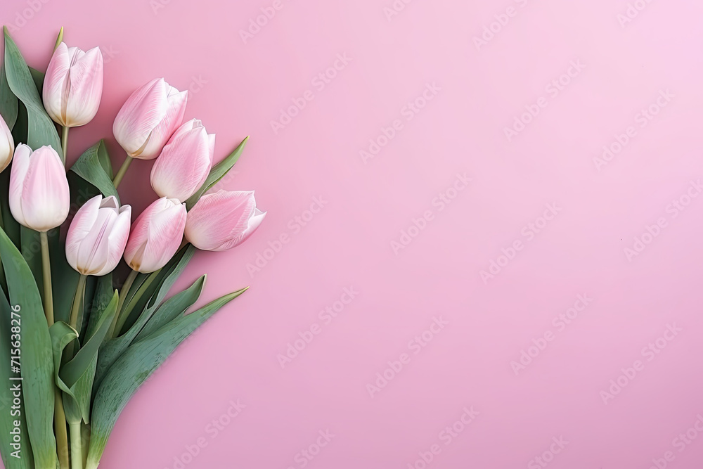 Pink Tulip Flowers Bouquet Top View with Copy Space for Text on Pinkish Background. Greetings, 8 March, Women's Day, Mother's Day, Valentine's Day, Wedding, Anniversary Pink Tulip Flowers Bouquet Top View with Copy Space for Text on Pinkish Background. Greetings, 8 March, Women's Day, Mother's Day, Valentine's Day, Wedding, Anniversary