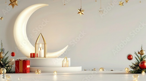 ramadan kareem banner background with golden lantern and gift box, 3d moon ramadan background