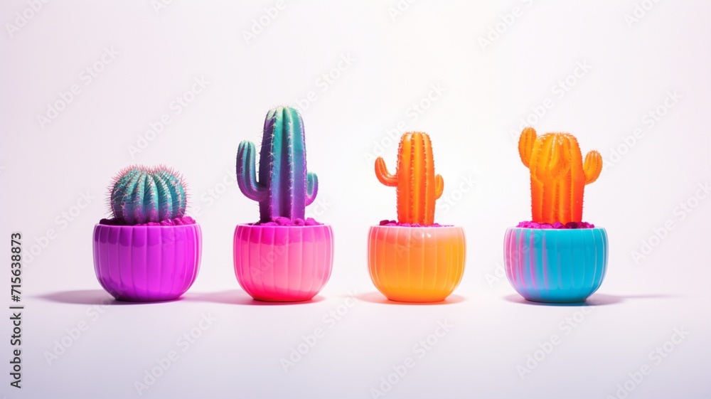 Beautiful indoor cactuses plants on pots neon lights pictures white background Beautiful indoor cactuses plants on pots neon lights pictures white background