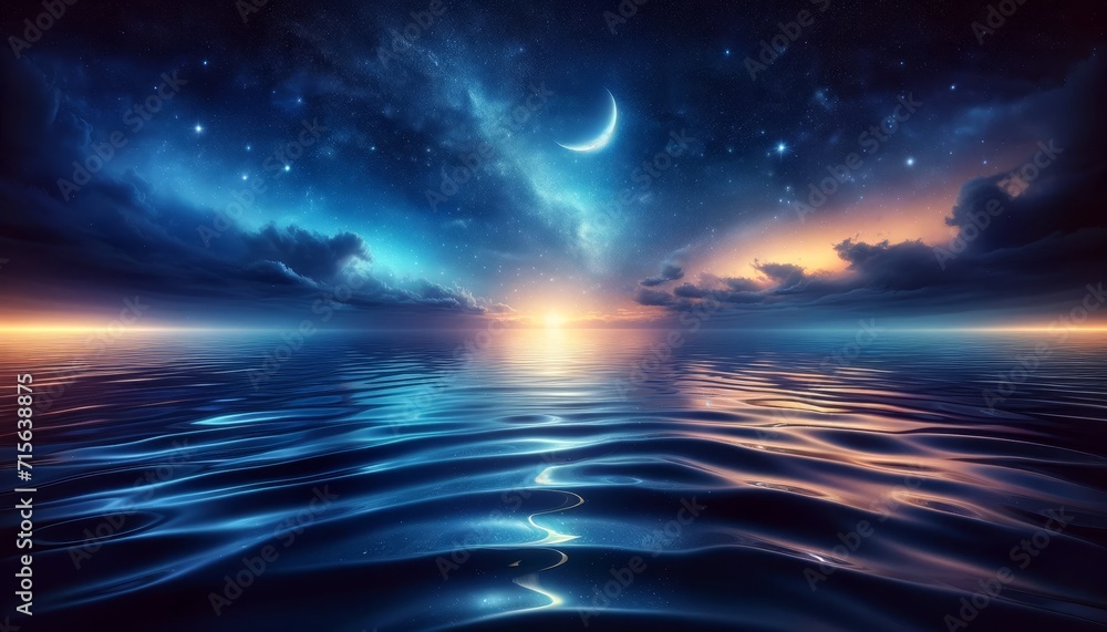 A beautiful view of the Sun, Moon and Stars in Harmony Over the Calm Reflection of the Waters