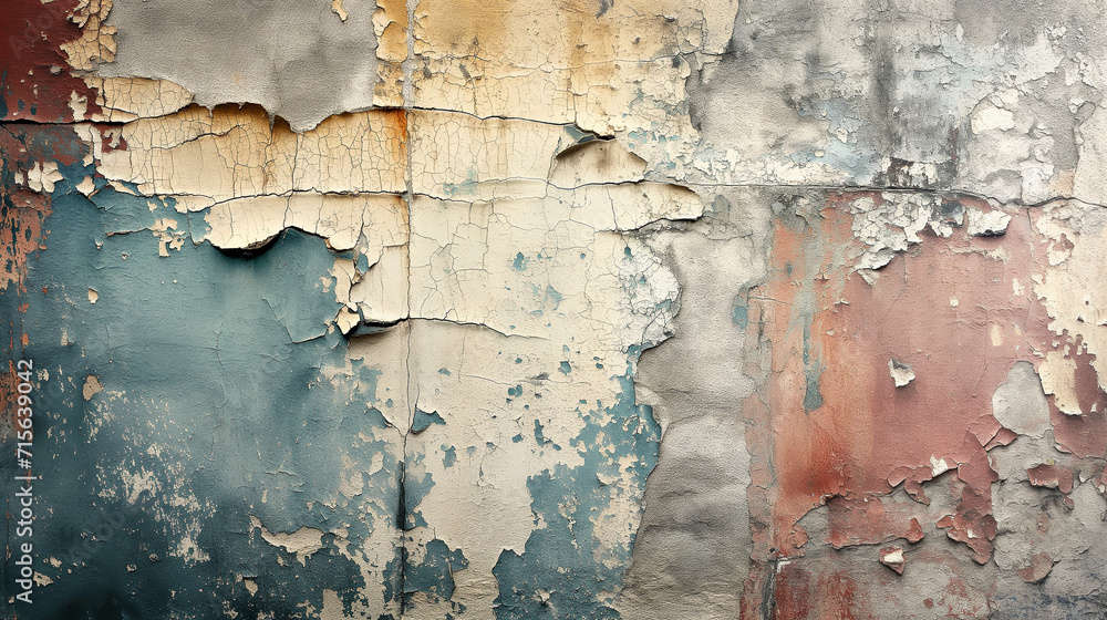 Aged wall with peeling paint in various colors. Layers of old paint visible, creating a history of the wall