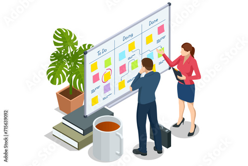 Isometric Project manager updating tasks and milestones progress planning. Digital Calendar Schedule. Schedule for plan tasks and progress. Strategy for construction and operations