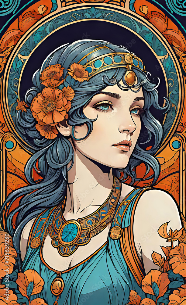 Vector illustration, art nouveau style with floral pattern in retro vintage style with decorative ornaments, illustration with a beautiful girl (different nationalities) in art nouveau style, 