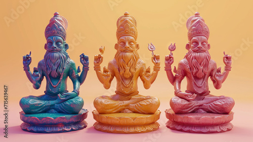 The Trimurti Brahma, Svayambhu, Virinchi, and Prajapati Intricately Capturing Their Divine Essence. Vivid Colorful 3D Model.