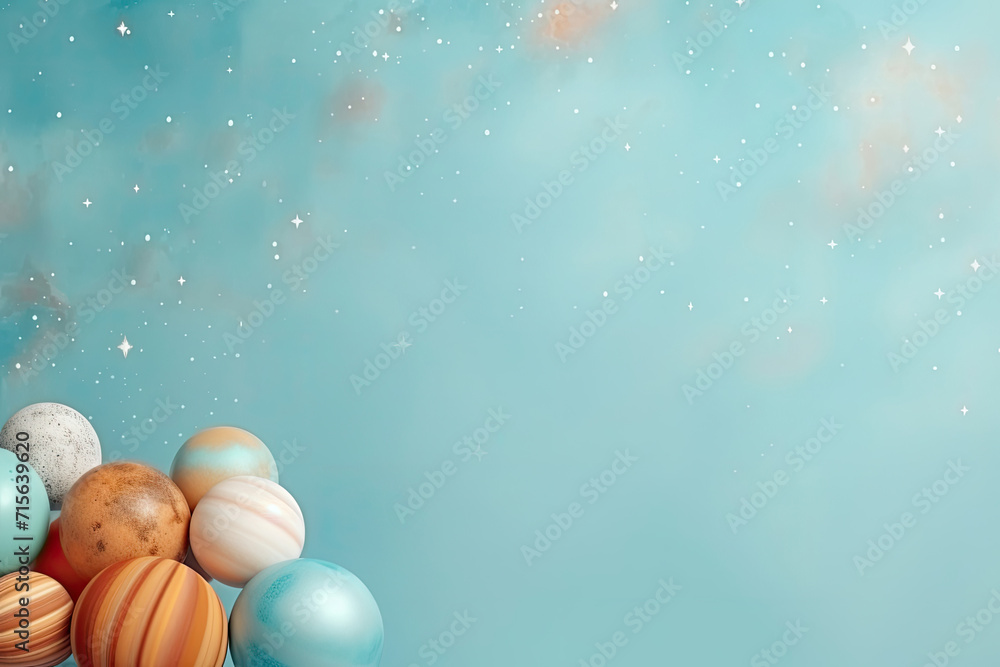 3D Planets Space Object on Blue Background with Snowfall. Copy Space for Text, Women's Day, 8 March, Greeting, Mother's Day, Birthday 3D Planets Space Object on Blue Background with Snowfall. Copy Space for Text, Women's Day, 8 March, Greeting, Mother's Day, Birthday