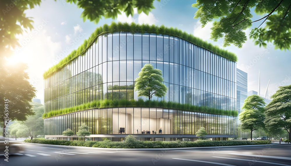 Ecological building in a modern city, 3D-rendering, a stable glass office building to reduce carbon dioxide, an office building with a green environment, - obrazy, fototapety, plakaty 