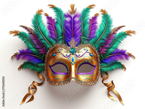 A carnival mask with feathers on a white background, Mardi Gras mask with colorful feathers.