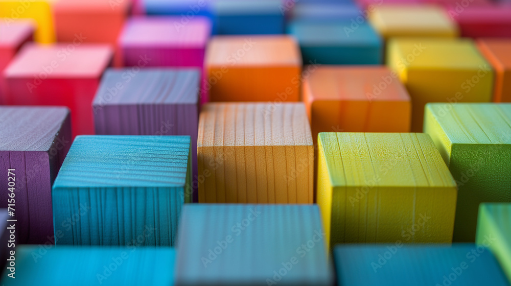Obraz premium Array of colorful wooden blocks in a wide format. Laid out in a pattern on a plain background. Ideal for a fun and engaging visual
