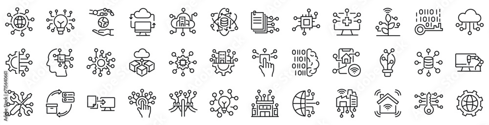 Set of outline icons related to digital transformation. Linear icon collection. Editable stroke. Vector illustration - obrazy, fototapety, plakaty 