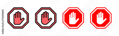 Stop icon set illustration. stop road sign. hand stop sign and symbol. Do not enter stop red sign with hand